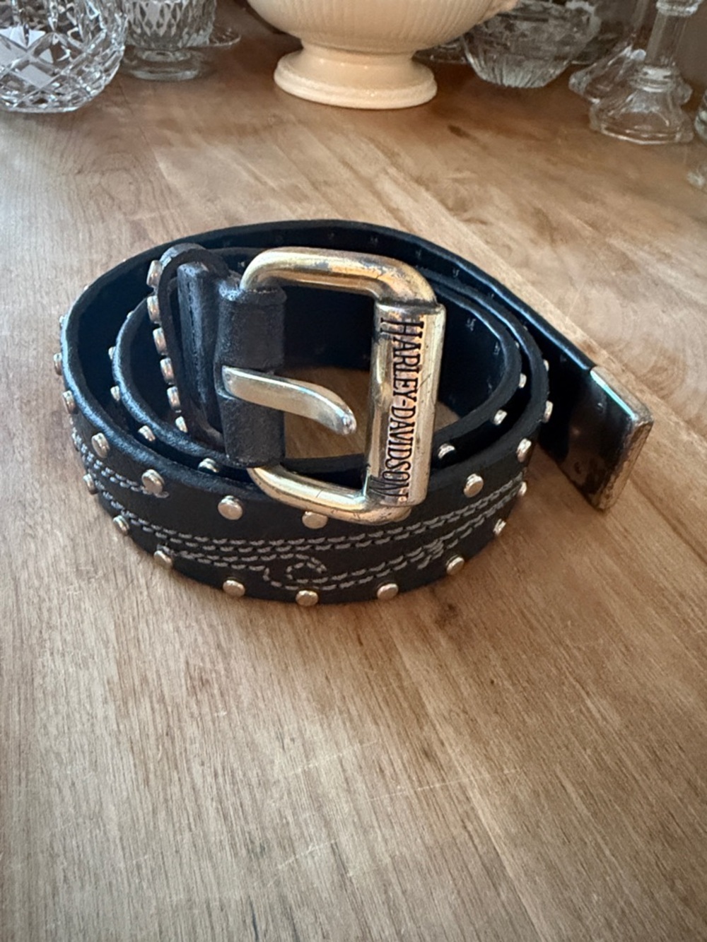 Harley-Davidson Black Leather Studded Belt with Silver Buckle